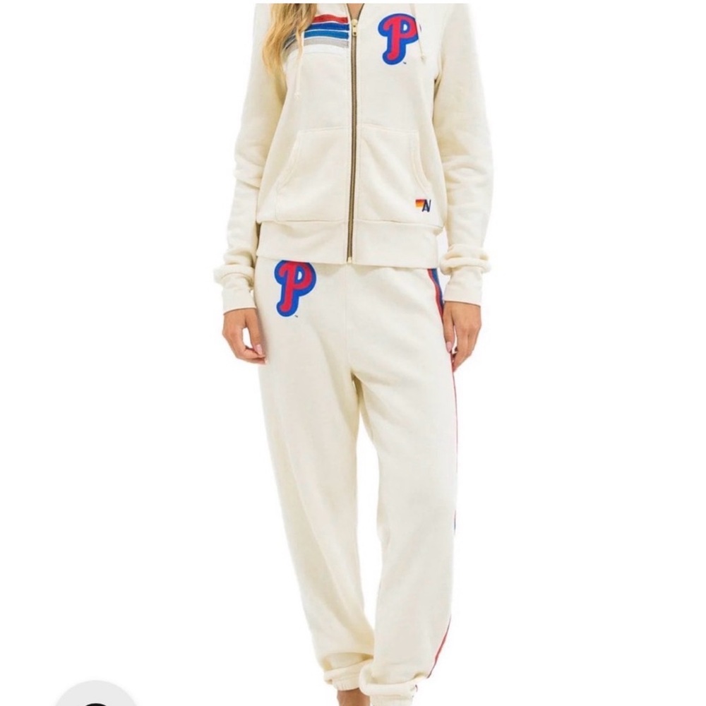 Aviator Nation Cream Jogger sweatpants with Red and Blue Phillies Logo